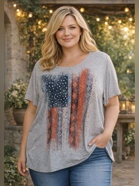 Maurices American Flag Tee 2X Gray Graphic T-Shirt USA Patriotic Plus